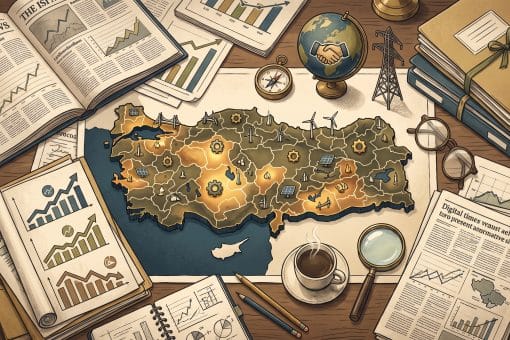 Türkiye'nin 2026 yılı gündemini temsil eden gazete, grafik ve politika belgelerinin masada düzenli şekilde serili…